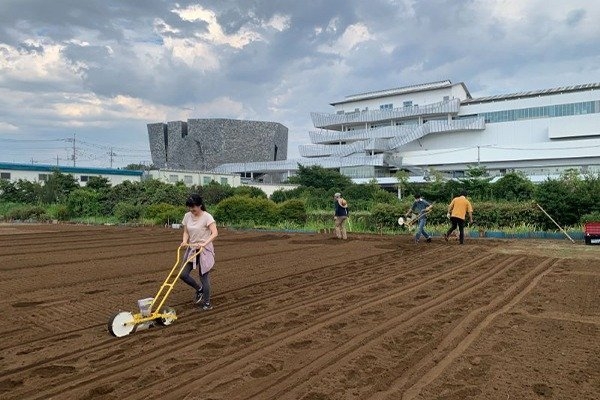ところざわサクラタウンを背景に、「コミュニティファーム」で農作業に勤しむ様子。