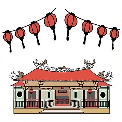 台湾の伝統的な寺院と提灯のイラスト