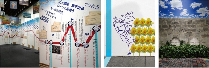 ゴッホと、ゴッホの弟・テオのポップな似顔絵とともに、会場の壁面を使ったゴッホの年表を辿ることができる。