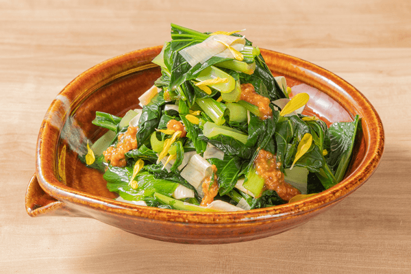 江戸菜と菊菜、湯葉の醤油麹お浸し